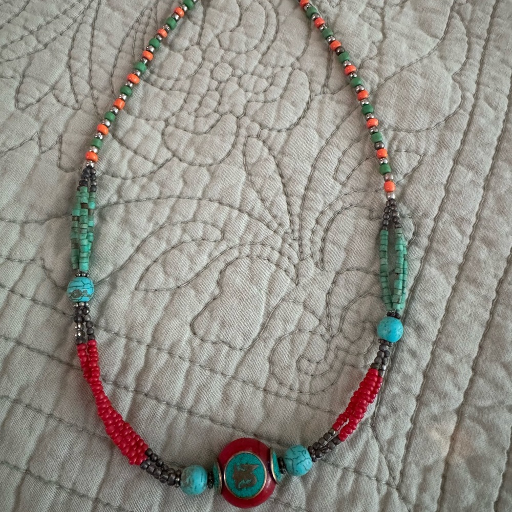 Tibetan Nepalese Buddhist Howlite Turquoise & Coral & Brass Beaded OM Necklace